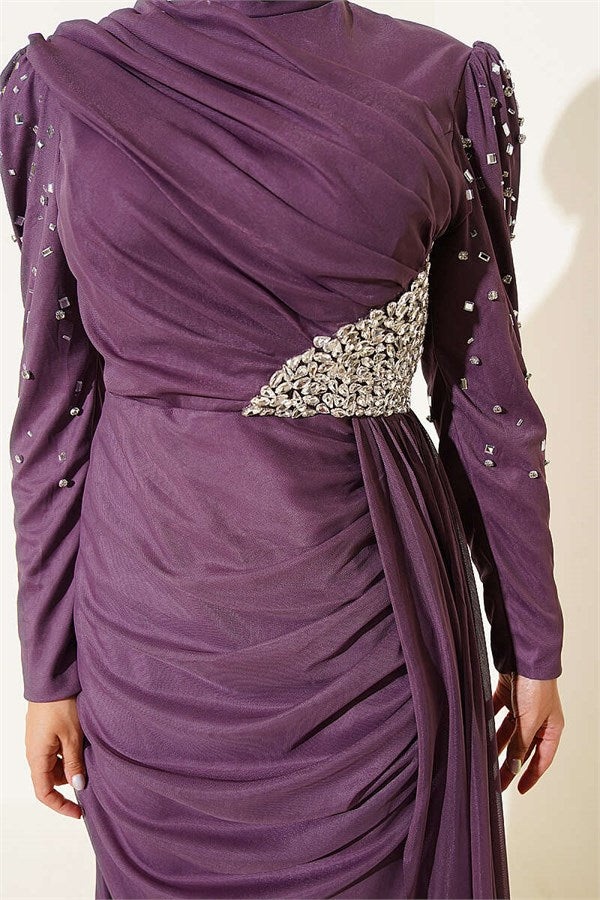 Draped Evening Dress with Stone Details, Rose Pink