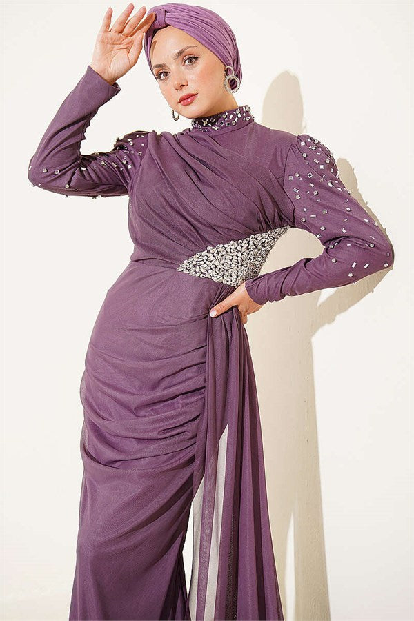Draped Evening Dress with Stone Details, Rose Pink