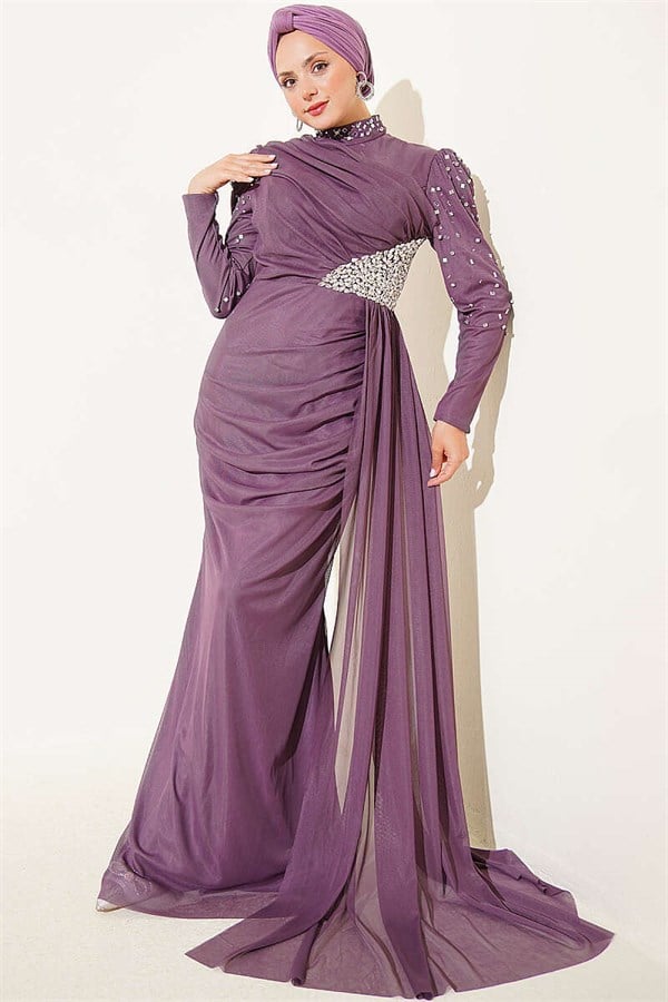 Draped Evening Dress with Stone Details, Rose Pink