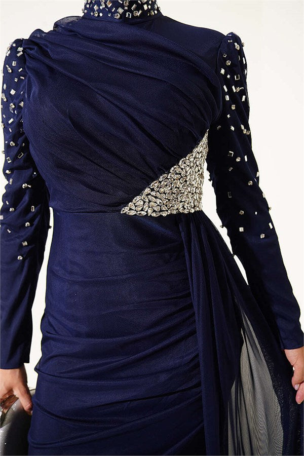 Navy Blue Draped Evening Dress with Stone Details