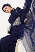 Navy Blue Draped Evening Dress with Stone Details