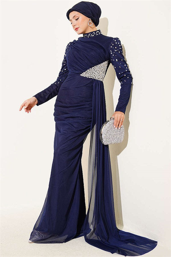 Navy Blue Draped Evening Dress with Stone Details