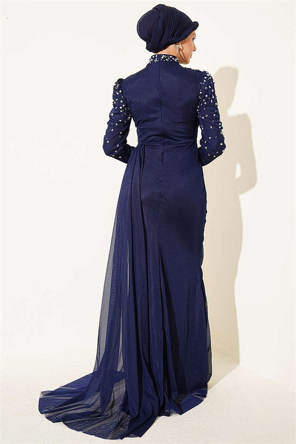 Navy Blue Draped Evening Dress with Stone Details