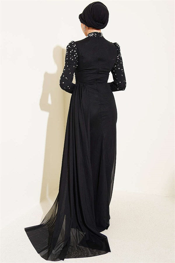 Draped Evening Dress with Stone Details, Black