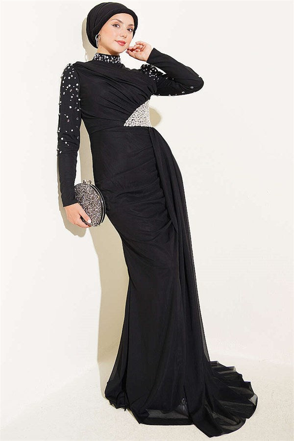 Draped Evening Dress with Stone Details, Black
