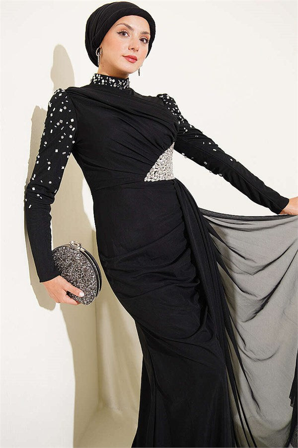 Draped Evening Dress with Stone Details, Black