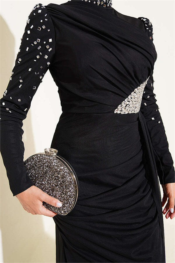 Draped Evening Dress with Stone Details, Black