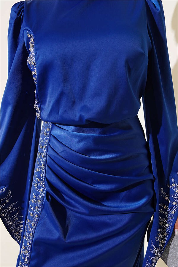Draped, Stone Embellished Satin Evening Dress in Navy Blue