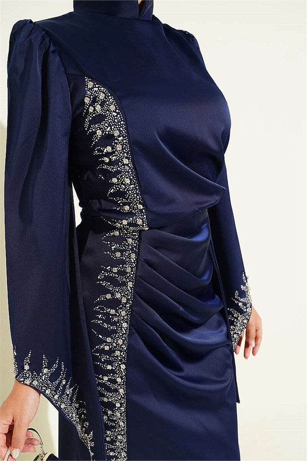 Draped Satin Evening Dress with Stone Embellishments, Navy Blue