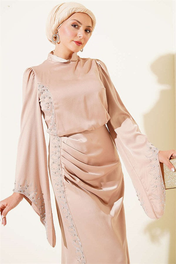 Draped Satin Evening Dress with Stone Embellishments, Beige