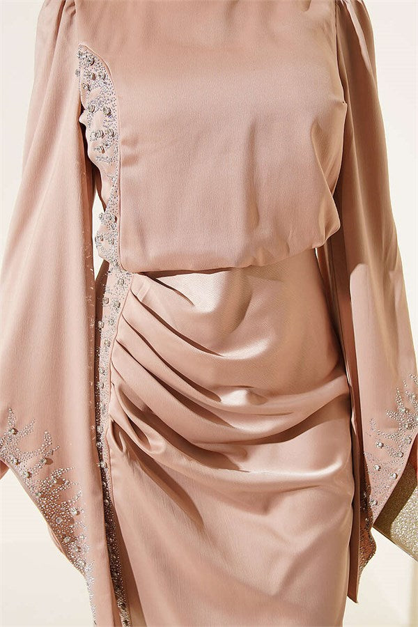 Draped Satin Evening Dress with Stone Embellishments, Beige