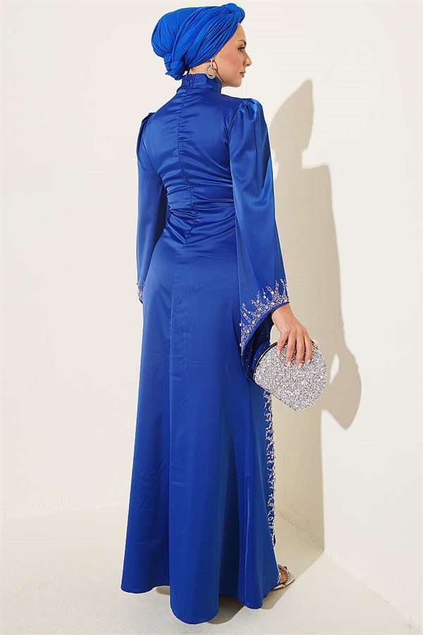 Draped, Stone Embellished Satin Evening Dress in Navy Blue