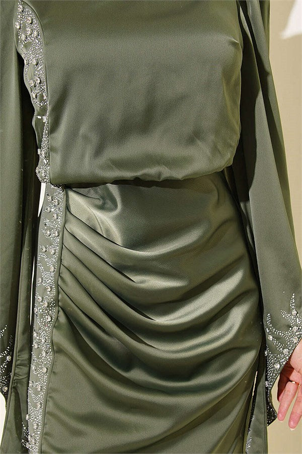 Draped Satin Evening Dress with Stone Embellishments, Khaki