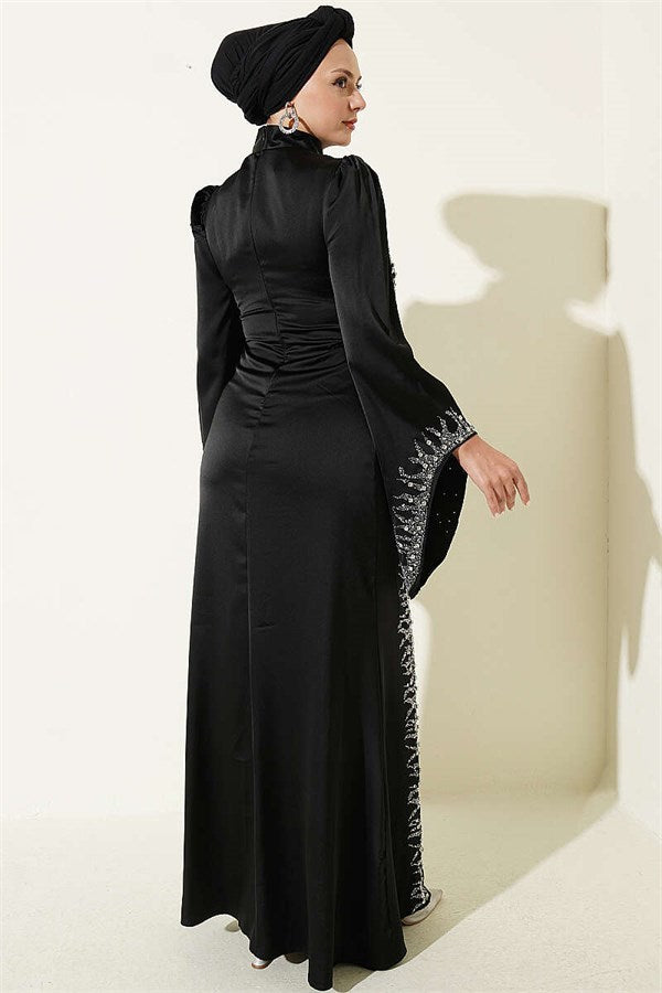 Draped Satin Evening Dress with Stone Embellishments, Black