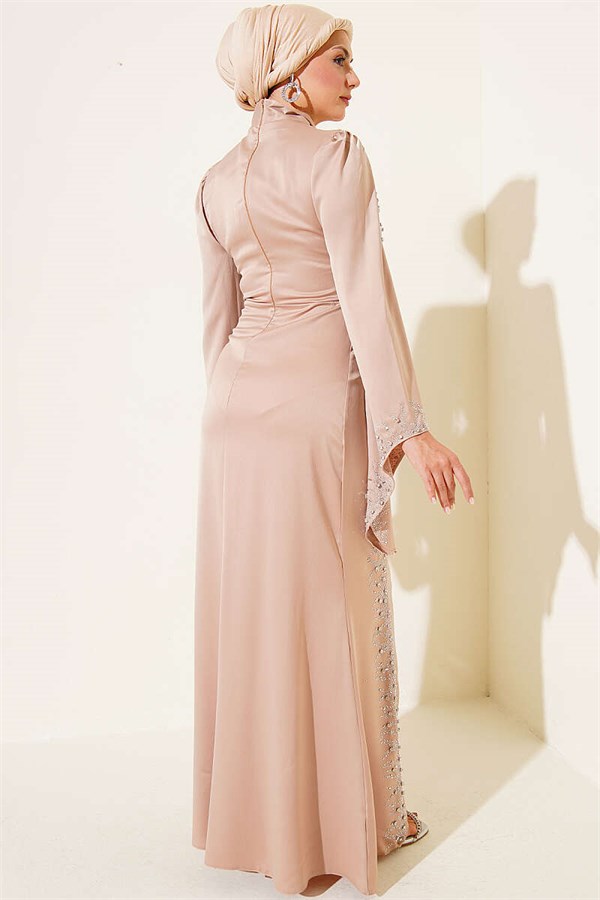 Draped Satin Evening Dress with Stone Embellishments, Beige
