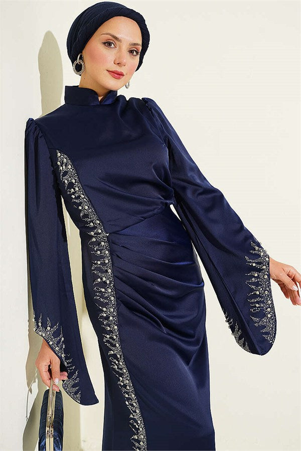 Draped Satin Evening Dress with Stone Embellishments, Navy Blue
