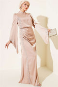 Draped Satin Evening Dress with Stone Embellishments, Beige