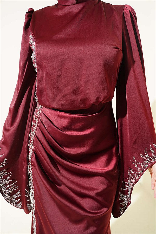Draped Satin Evening Dress with Stone Embellishments, Burgundy