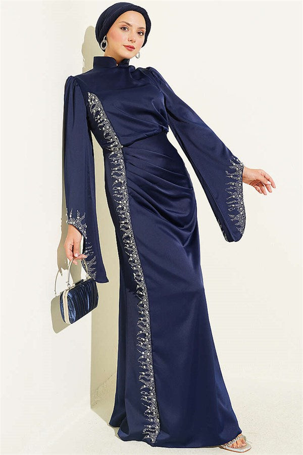 Draped Satin Evening Dress with Stone Embellishments, Navy Blue
