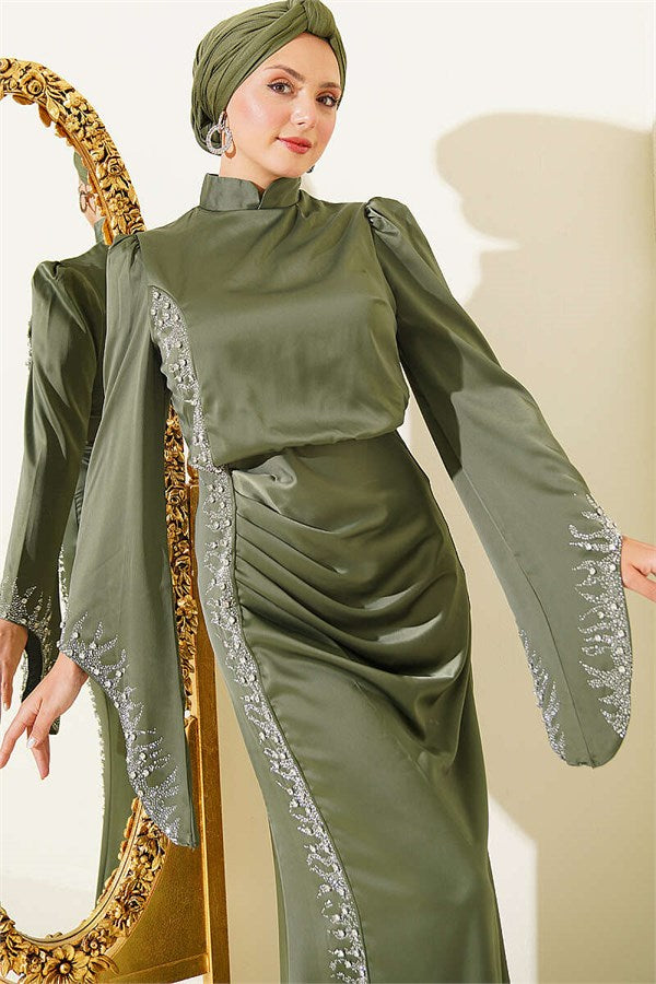 Draped Satin Evening Dress with Stone Embellishments, Khaki