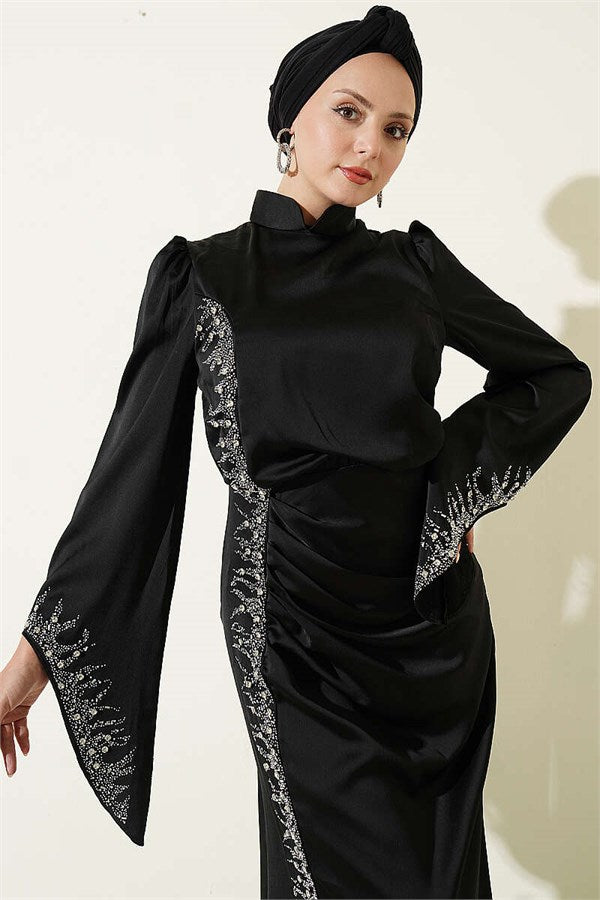 Draped Satin Evening Dress with Stone Embellishments, Black