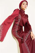 Draped Satin Evening Dress with Stone Embellishments, Burgundy