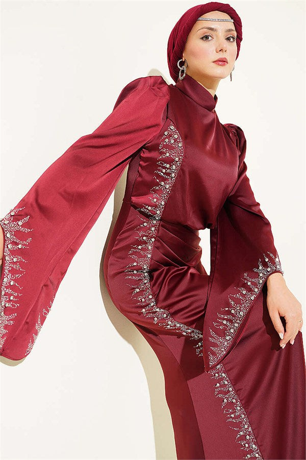 Draped Satin Evening Dress with Stone Embellishments, Burgundy
