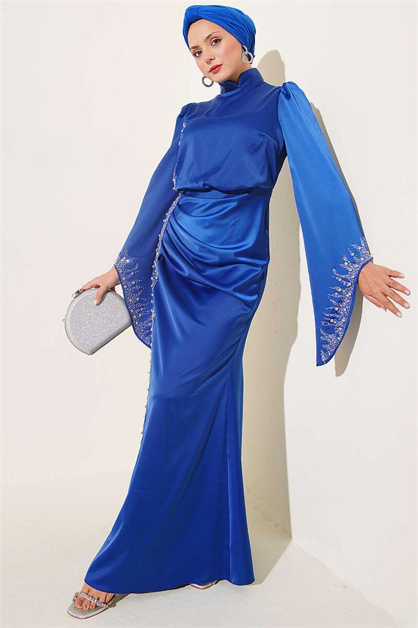 Draped, Stone Embellished Satin Evening Dress in Navy Blue