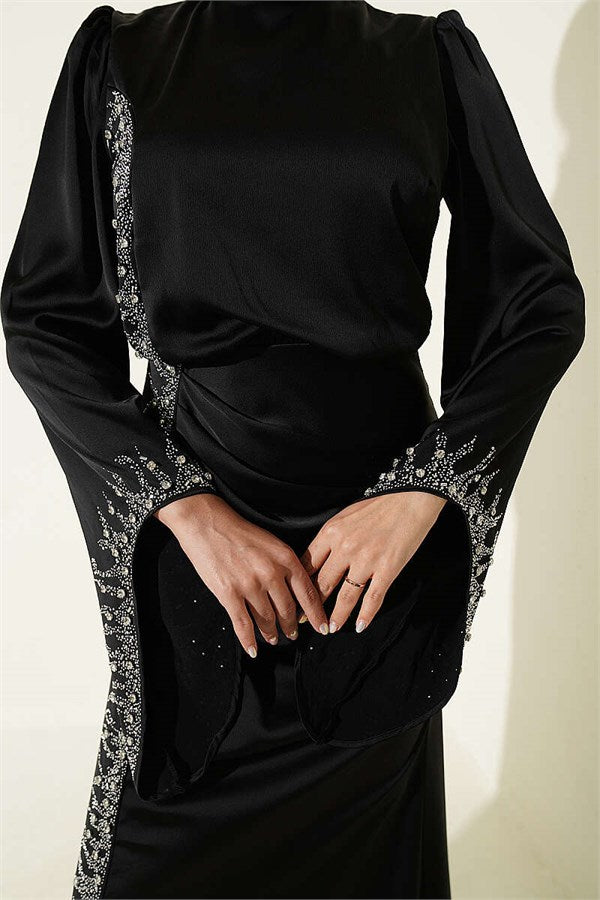 Draped Satin Evening Dress with Stone Embellishments, Black