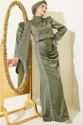 Draped Satin Evening Dress with Stone Embellishments, Khaki