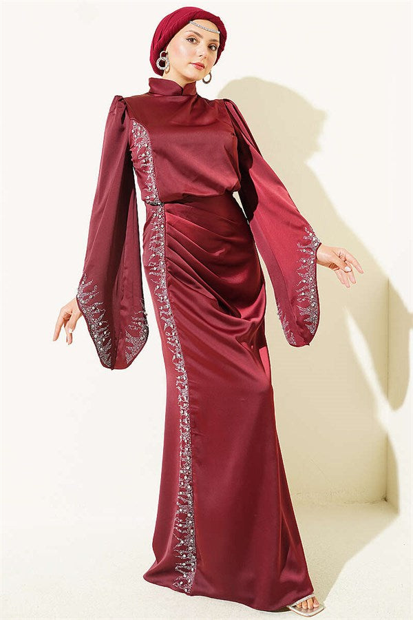 Draped Satin Evening Dress with Stone Embellishments, Burgundy