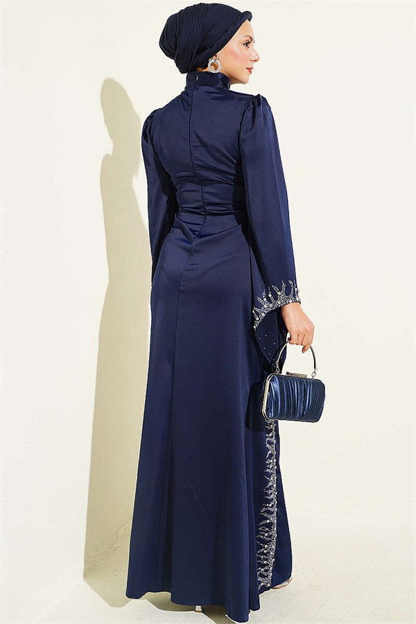 Draped Satin Evening Dress with Stone Embellishments, Navy Blue