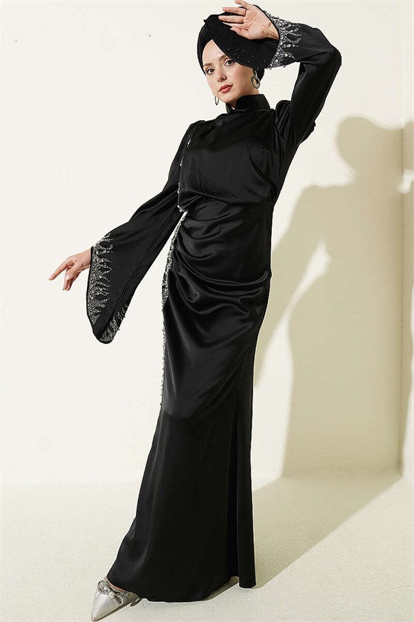 Draped Satin Evening Dress with Stone Embellishments, Black
