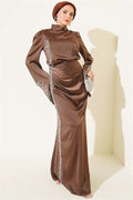 Draped Satin Evening Dress with Stone Embellishments, Brown
