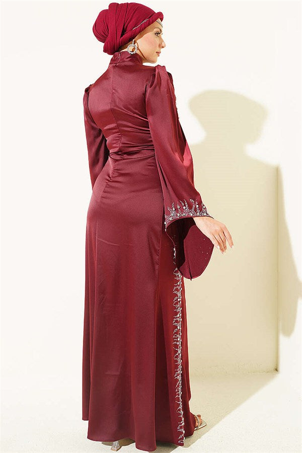 Draped Satin Evening Dress with Stone Embellishments, Burgundy