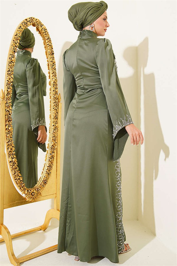 Draped Satin Evening Dress with Stone Embellishments, Khaki