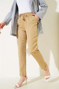 Double Skinny Leg Elastic Waist Trousers Camel