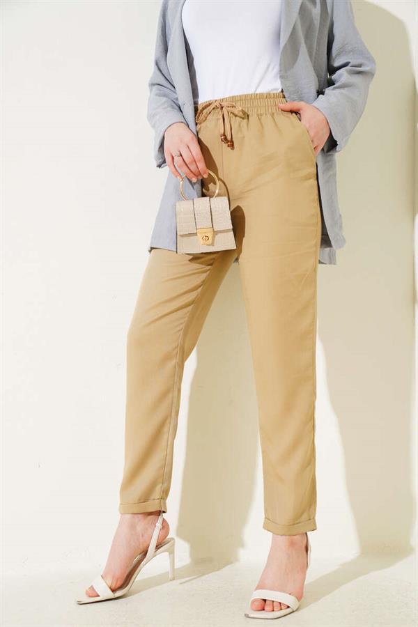 Double Skinny Leg Elastic Waist Trousers Camel