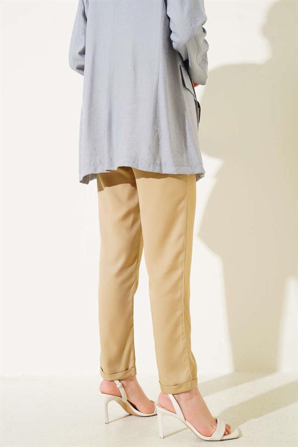 Double Skinny Leg Elastic Waist Trousers Camel
