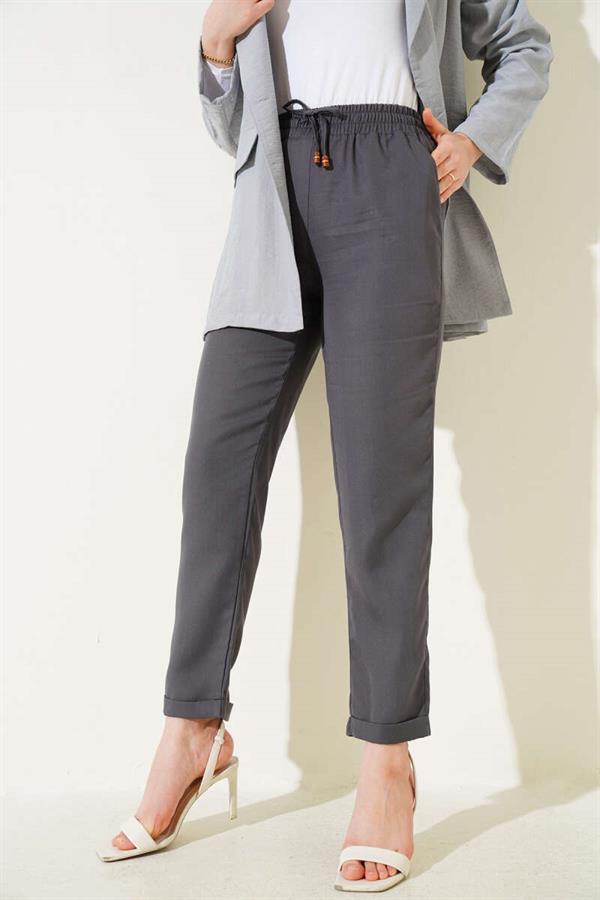 Double Skinny Leg Elastic Waist Trousers Smoke
