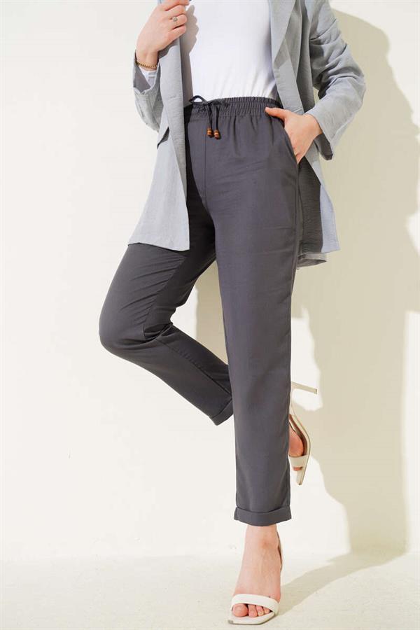 Double Skinny Leg Elastic Waist Trousers Smoke