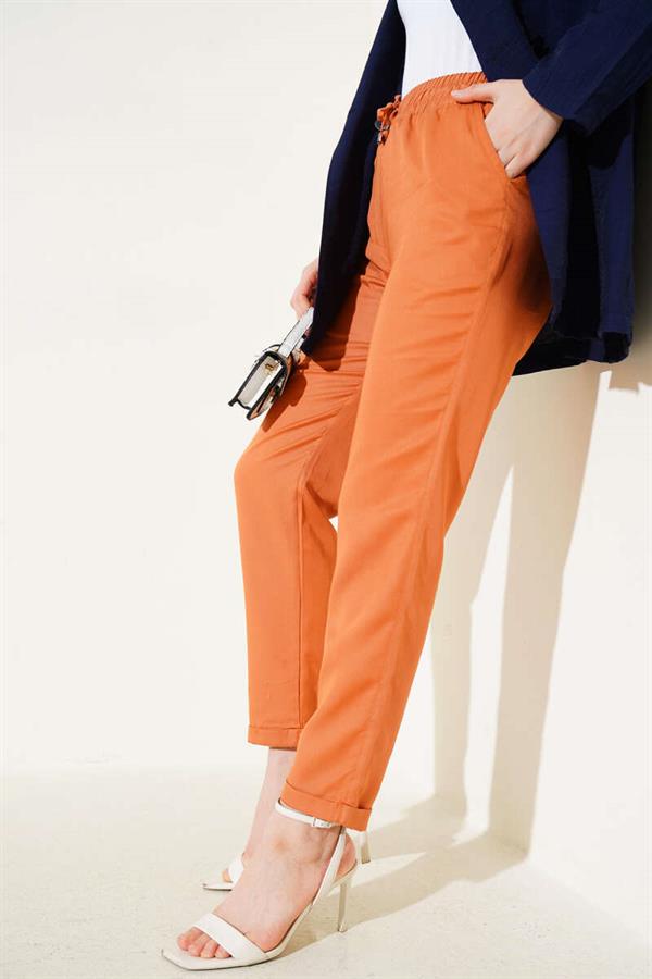 Double Skinny Leg Elastic Waist Trousers Orange