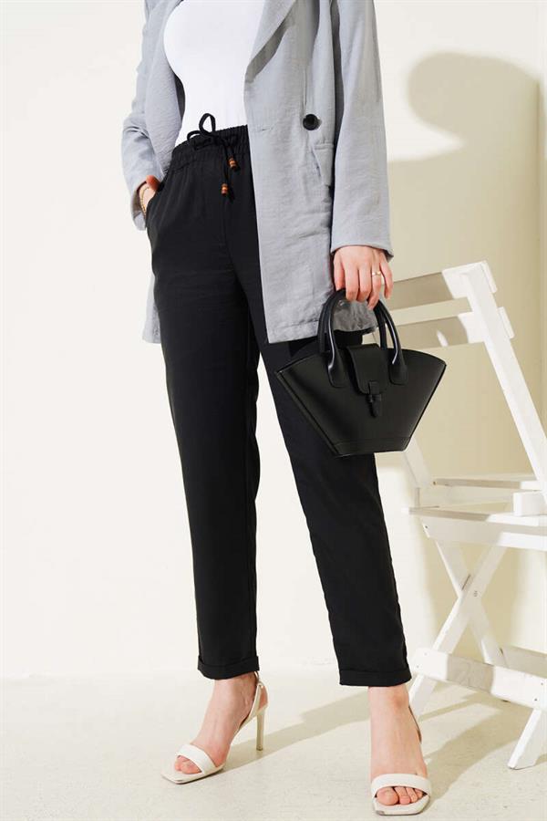 Double Skinny Leg Elastic Waist Trousers Black