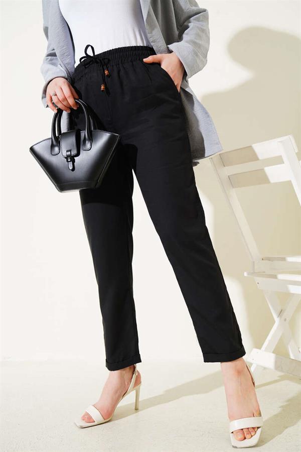 Double Skinny Leg Elastic Waist Trousers Black