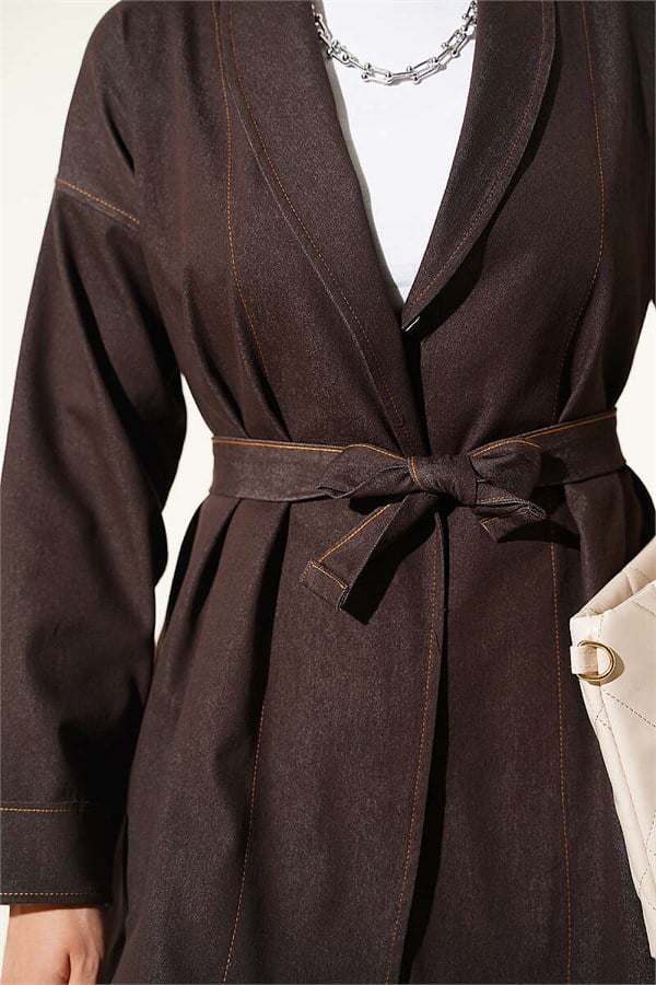 Double Sleeve Belted Denim 2 Piece Set in Dark Brown