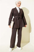 Double Sleeve Belted Denim 2 Piece Set in Dark Brown