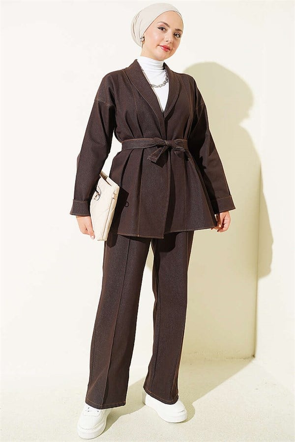 Double Sleeve Belted Denim 2 Piece Set in Dark Brown