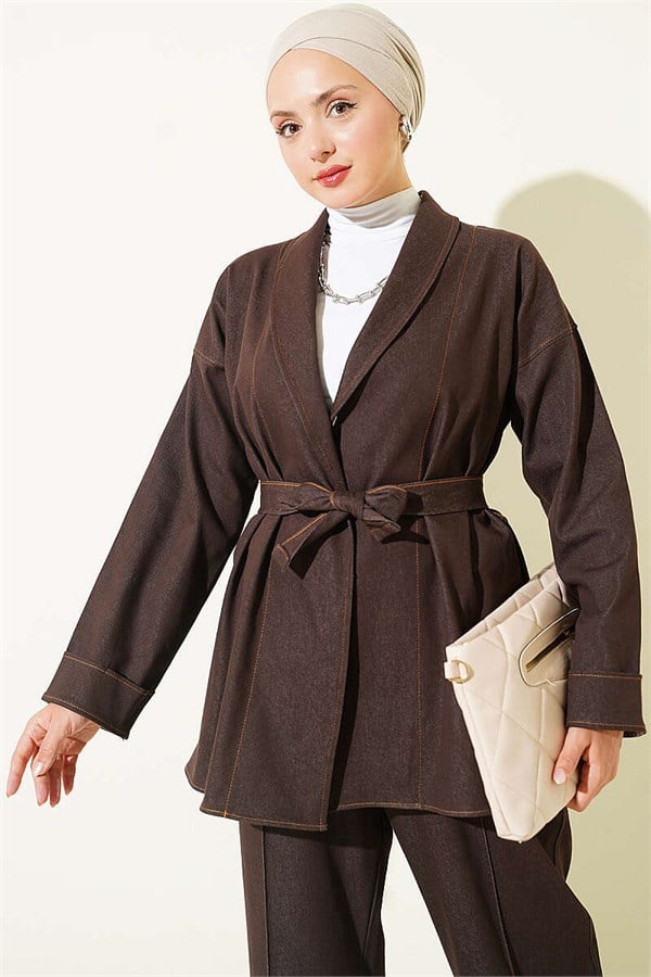 Double Sleeve Belted Denim 2 Piece Set in Dark Brown