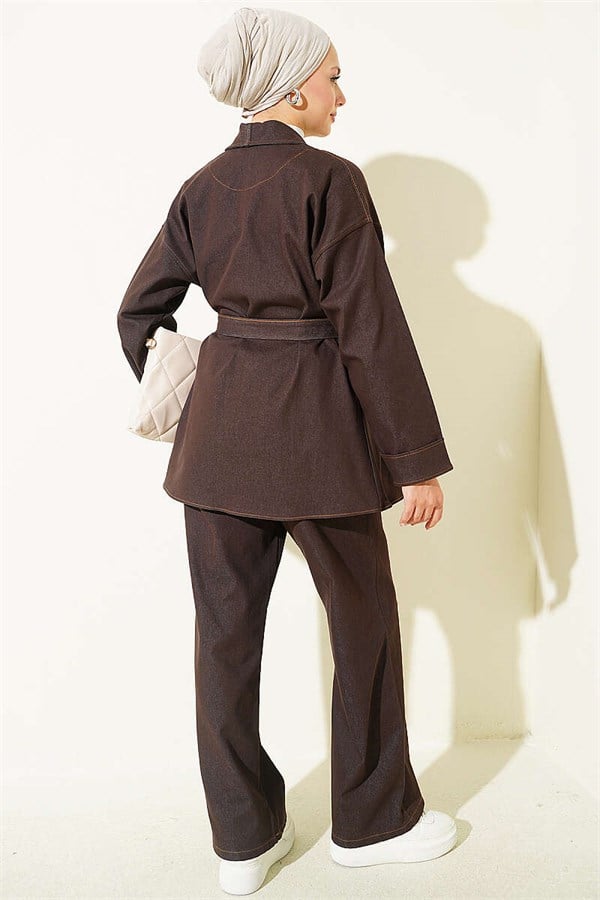 Double Sleeve Belted Denim 2 Piece Set in Dark Brown