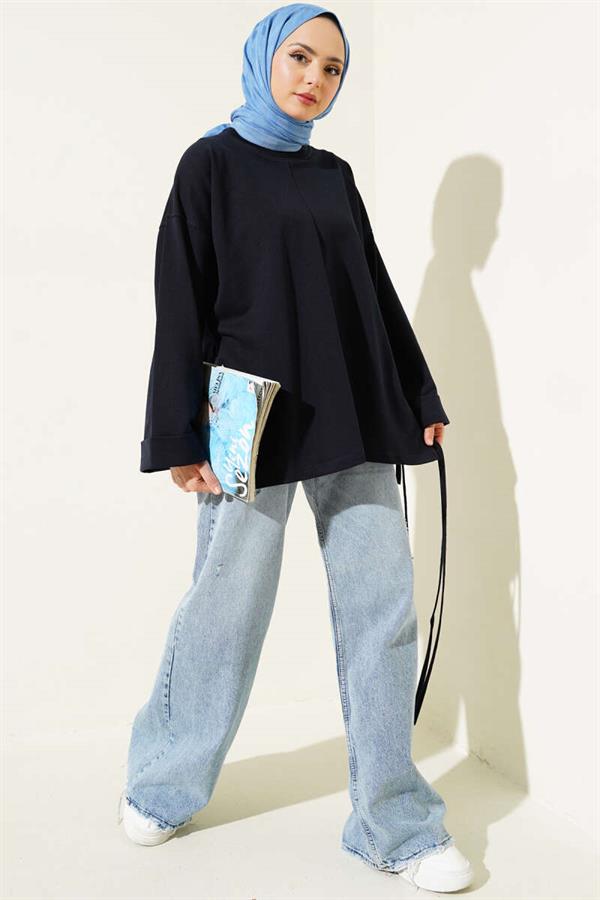 Double Sleeve Rope Laced Tunic Navy Blue
